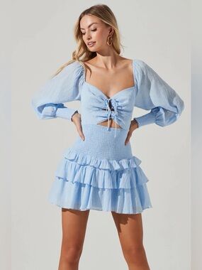ASTR The Label Light Blue Puff Sleeve Ruffle Mini Dress